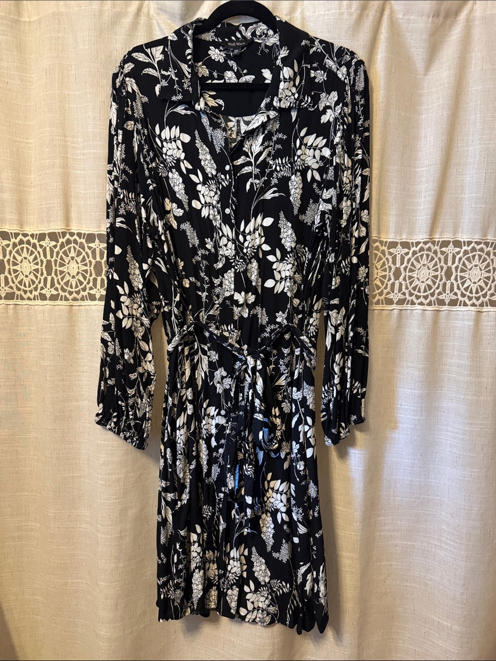 Black and White Floral Long Sleeve Shirt Dress